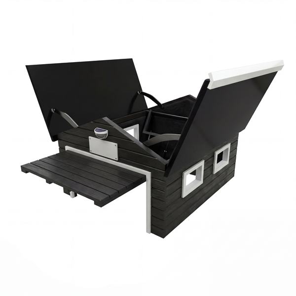 AM-ROBOTS My Robot Home Plus robotic mower garage from Danarm in black and white with roof doors open